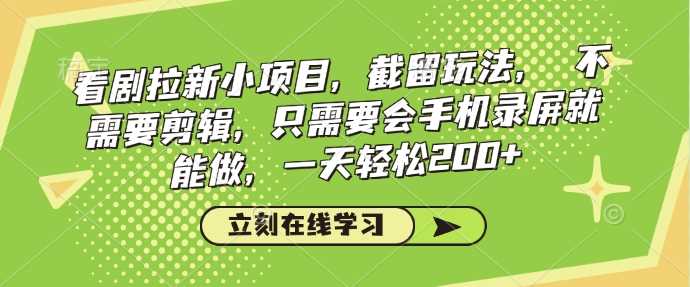 看剧拉新小项目，截留玩法， 不需要剪辑，只需要会手机录屏就能做，一天轻松200+-928网创