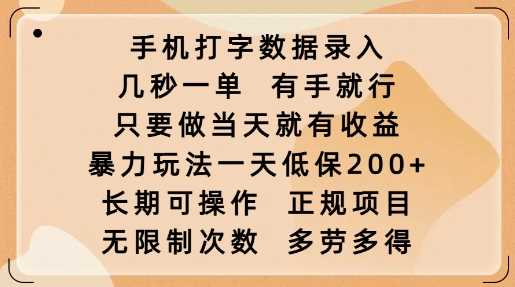 手机打字数据录入，几秒一单，有手就行，只要做当天就有收益，暴力玩法一天低保2张-928网创