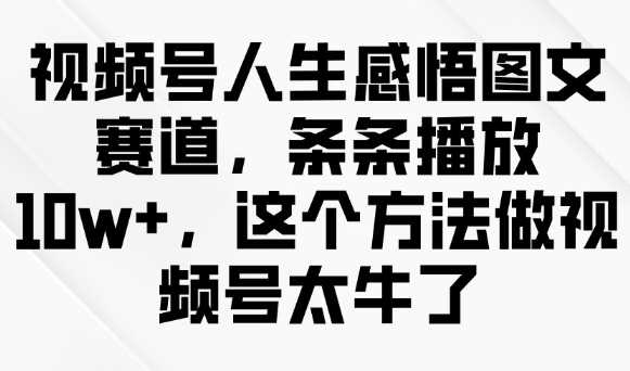视频号人生感悟图文赛道，条条播放10w+，这个方法做视频号太牛了-928网创